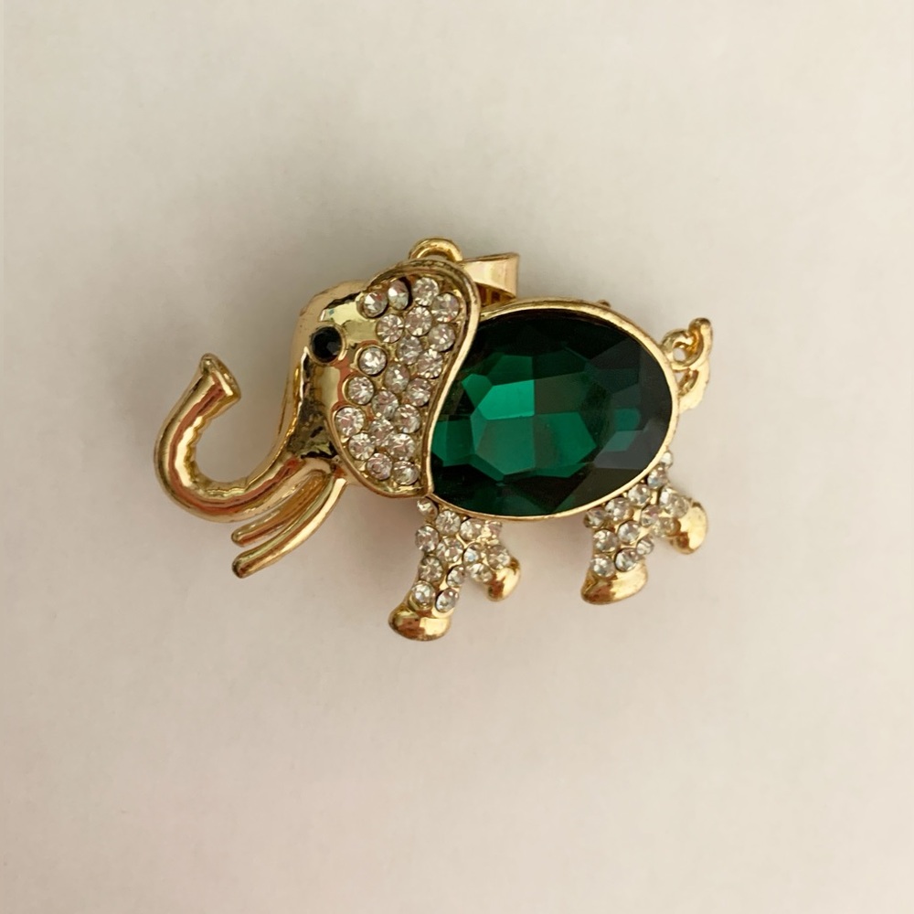 Gold & White Gem Elephant Necklace Charm with Green Gemstone Body